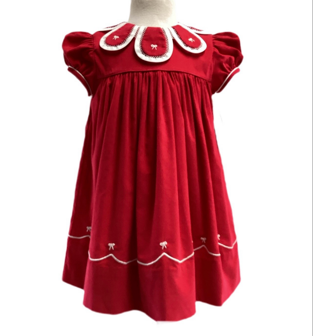 Red Smocked Corduroy Flower Petal Collar Dress