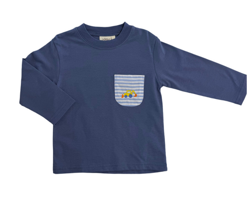 Long Sleeve Steel Blue Shirt-Small Pocket Construction Embroidery