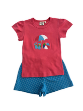 Load image into Gallery viewer, Pink Top with Beach Appliqué &amp; Turquoise Polka Dot Shorts Set