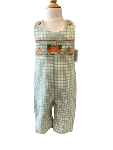 Boys Gingham Green Smocked Pumpkin Overalls