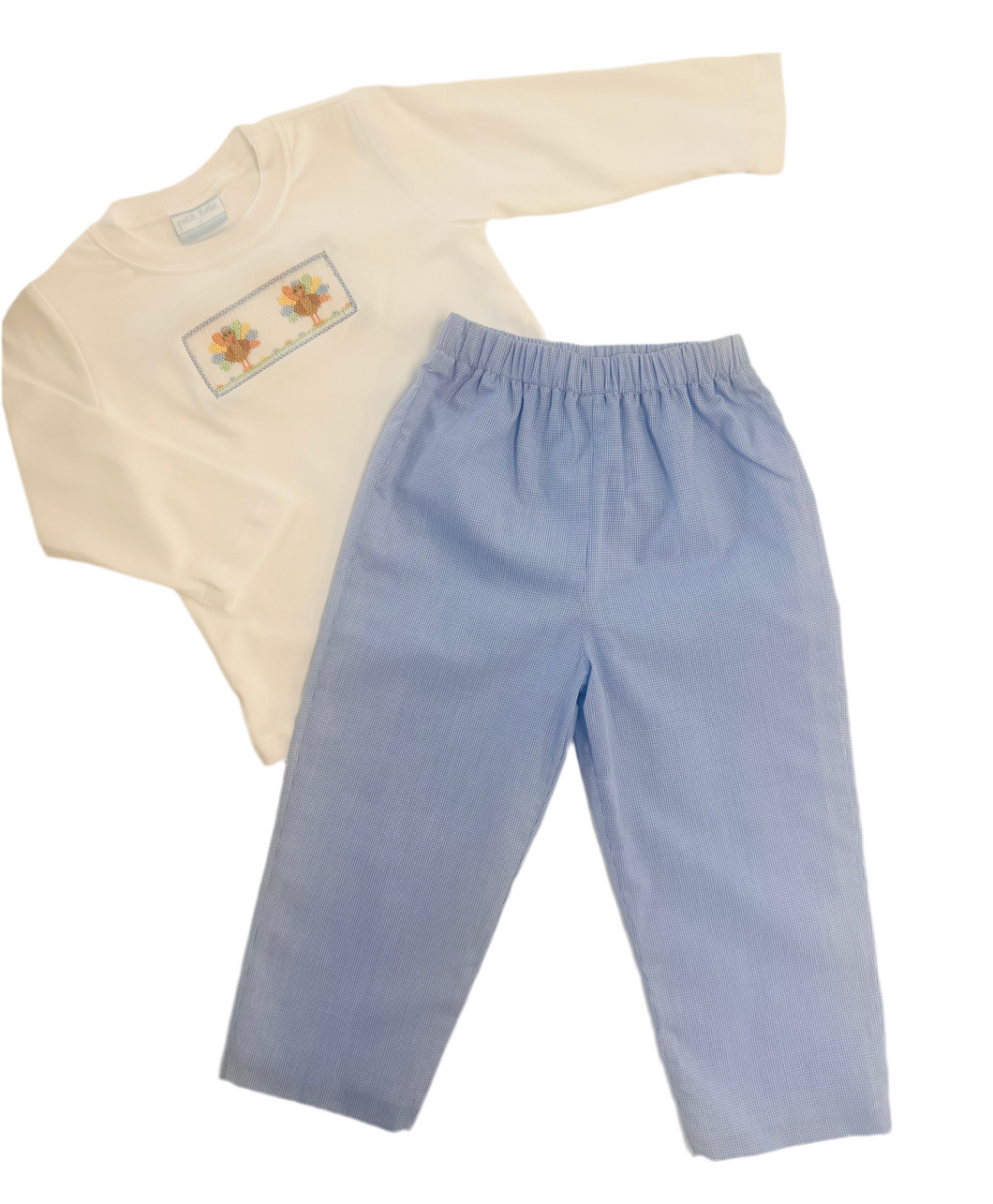 Boys Hand Smocked Turkey’s White Top with Blue Gingham Pants Set