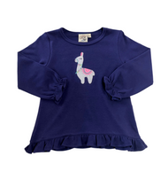 Load image into Gallery viewer, Long Sleeve Navy Ruffle Swing Top-Llama Appliqué