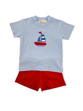 Load image into Gallery viewer, Light Sky Blue Top with Sails Appliqué &amp; Knit with Red Shorts Set