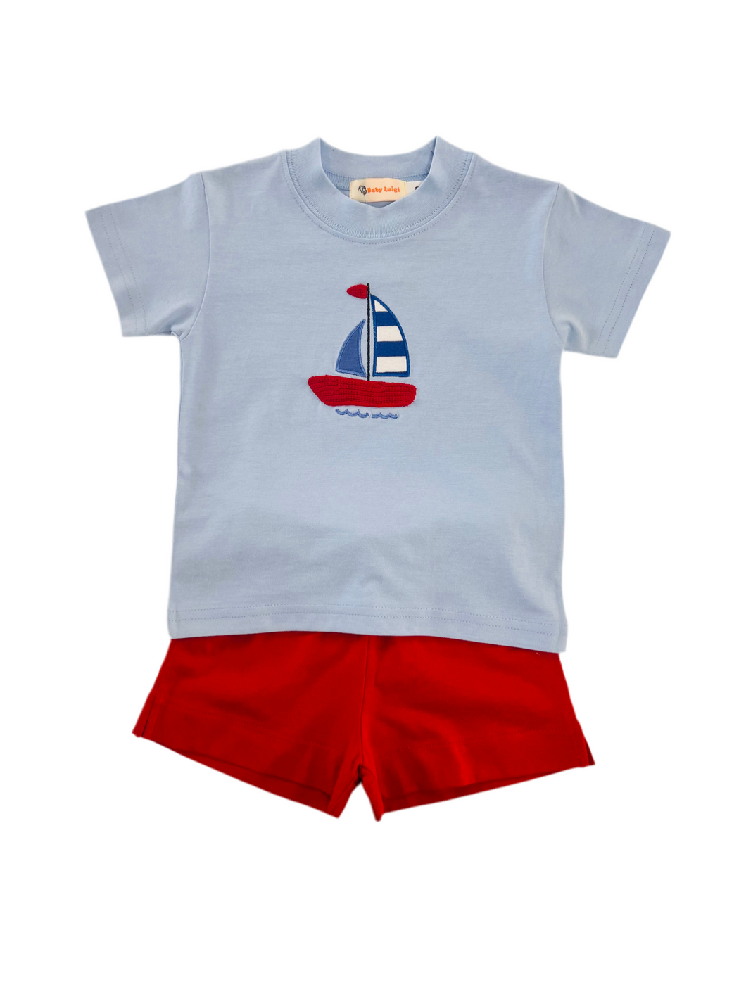 Light Sky Blue Top with Sails Appliqué & Knit with Red Shorts Set
