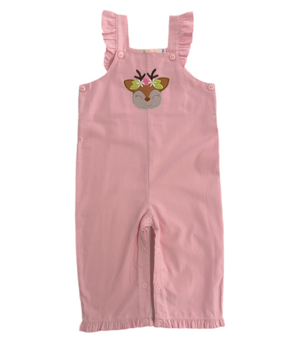 Girls Corduroy Romper with Ruffles-Doe with Flower Crown Appliqué Overalls