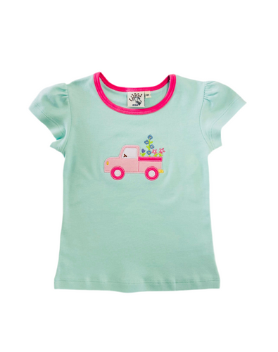 Light Jade Blue T-Shirt with Flowers and Truck Appliqué