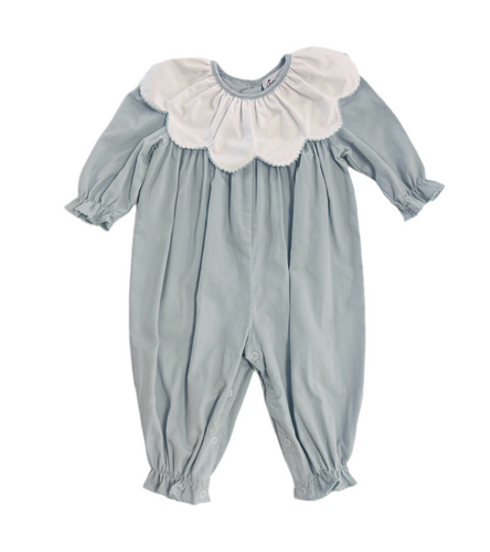 Girls Blue White Petal Collar LS Romper