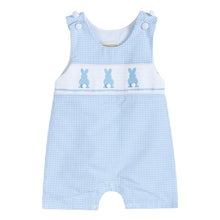Load image into Gallery viewer, Blue Gingham Smocked Bunny Shortall