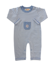 Load image into Gallery viewer, Long Sleeve Blue Striped Romper-Small Pocket Embroidered Baseball
