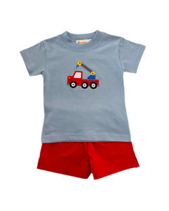 Blue Top with Tow Truck Appliqué & Red Shorts Set in