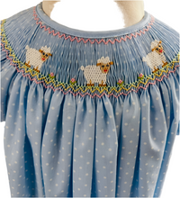 Load image into Gallery viewer, Blue Polka Dot Bishop Dress with Smocked Sheep