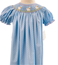Load image into Gallery viewer, Blue Polka Dot Bishop Dress with Smocked Sheep