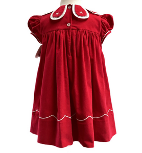 Red Smocked Corduroy Flower Petal Collar Dress