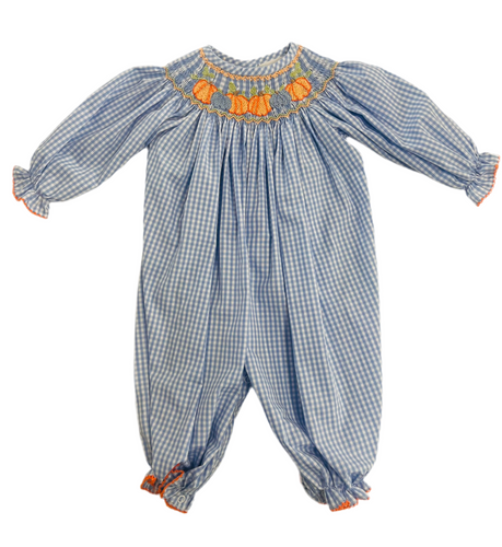 Girls Blue Gingham LS Smocked Orange & Blue Pumpkins Bishop Romper