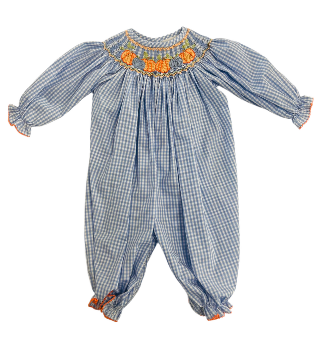 Girls Blue Gingham LS Smocked Orange & Blue Pumpkins Bishop Romper