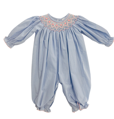 Girls Blue Gingham Check LS Smocked Tiny Flowers Bishop Romper