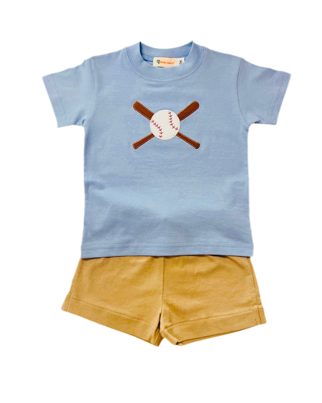 Boys Blue Top with Baseball & Bats Appliqué & Khaki Shorts Set