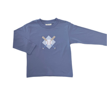 Load image into Gallery viewer, Steel Blue Long Sleeve Baseball Diamond Bats &amp; Ball Appliqué Shirt