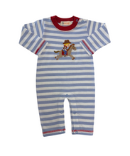 Load image into Gallery viewer, Striped Light Blue &amp; White with Red Collar Romper-Cowboy Riding Horse Appliqué
