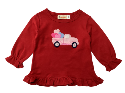 Red Ruffled Valentines Day with Pink Truck & Hearts Long Sleeve Shirt