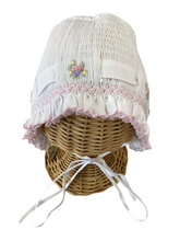 Load image into Gallery viewer, Feltman Brothers Girls Smocked Pink &amp; Purple Rose Bud White Bonnet