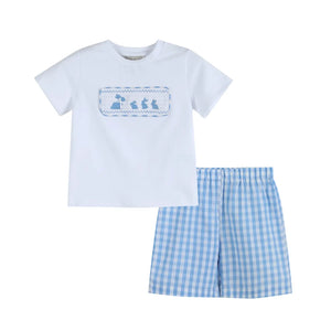 Bunny Family Smocked Tee and Blue Gingham Short Set