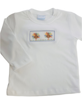 Load image into Gallery viewer, Boys Hand Smocked Turkey’s White Top with Blue Gingham Pants Set