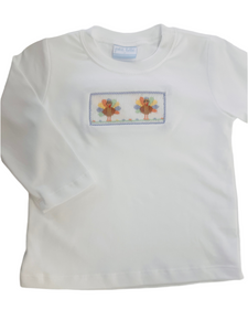 Boys Hand Smocked Turkey’s White Top with Blue Gingham Pants Set