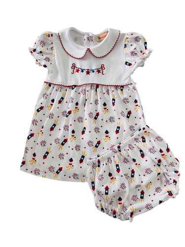 Girls Firecracker Dress with Embroidered Star Banner with Bloomers Set