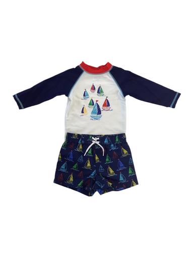 Boys Sailboat Rash Guard & Navy Sailboat Swimming Trunks Set