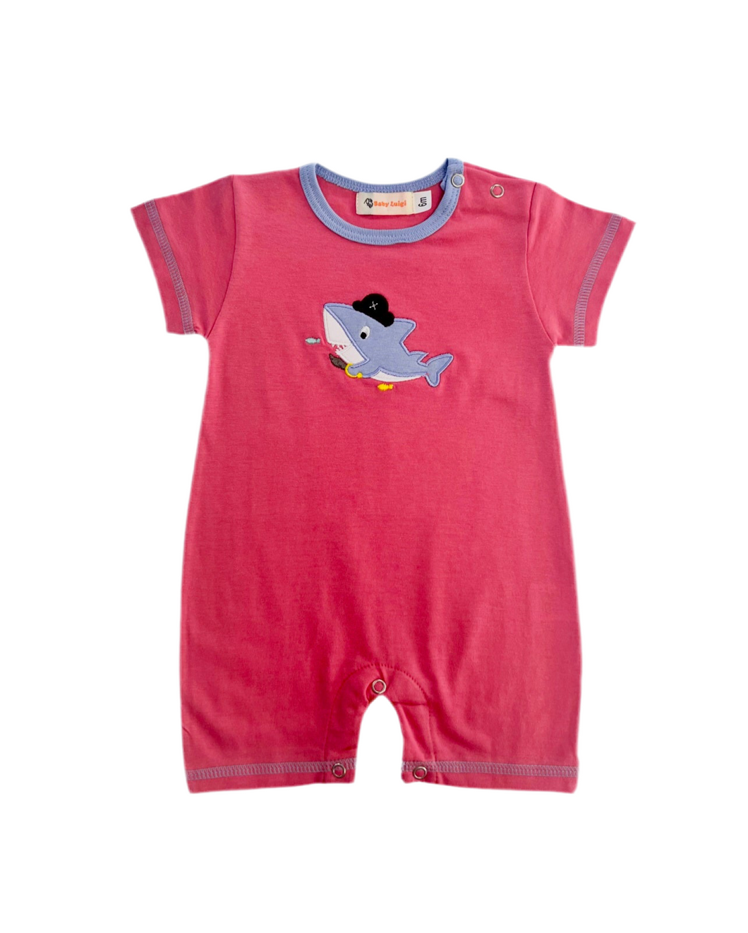 Salmon Romper with Pirate Shark Appliqué
