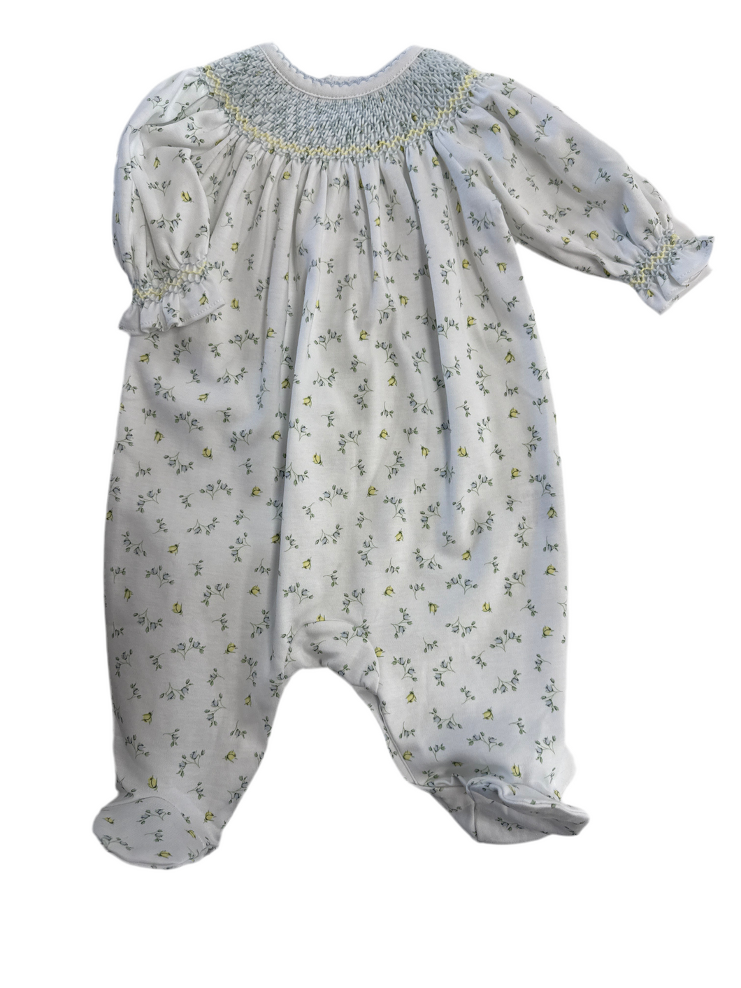 MIA BLUE FLORAL HAND SMOCKED BISHOP FOOTIE