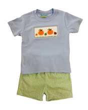 Load image into Gallery viewer, Boys Hand Smocked Pumpkin Green &amp; Blue Gingham Set