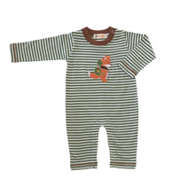 Load image into Gallery viewer, Striped Peapod Green Romper-Fox with Hiking Gear Appliqué