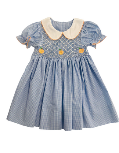 Girls Blue Gingham SS Smocked Front Pumpkin Dress
