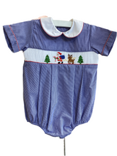 Load image into Gallery viewer, Boys Hand Smocked Blue Santa &amp; Reindeer Bubble