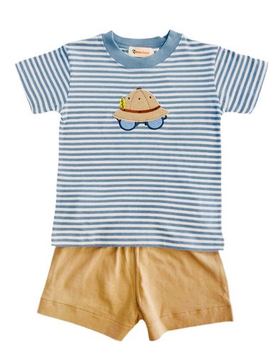 Boys Blue Striped Top with Boone Adventure Appliqué & Khaki Shorts Set