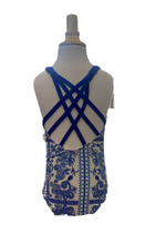 Load image into Gallery viewer, Swim White/Blue Criss Cross Back