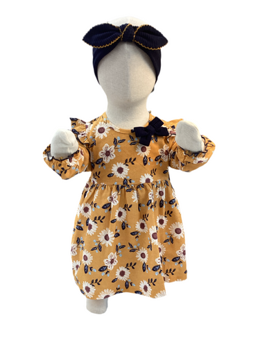 Girls Flannel Yellow Flower Dress With Headband Set