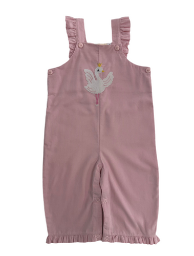 Girls Ruffle Light Pink Corduroy Romper-Ballerina Swan with Crown Appliqué