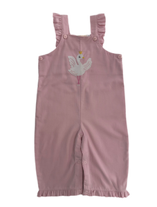 Girls Ruffle Light Pink Corduroy Romper-Ballerina Swan with Crown Appliqué