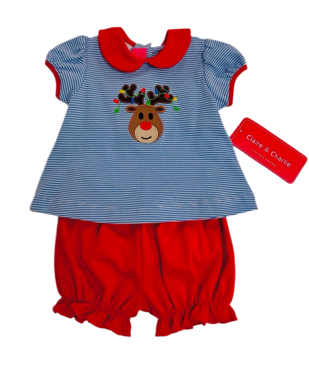 Girls Blue Striped Reindeer Set