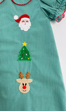 Load image into Gallery viewer, Girls Green Gingham Peter Pan Collat Appliqué Christmas Dress