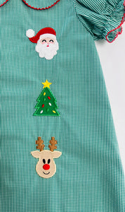 Girls Green Gingham Peter Pan Collat Appliqué Christmas Dress