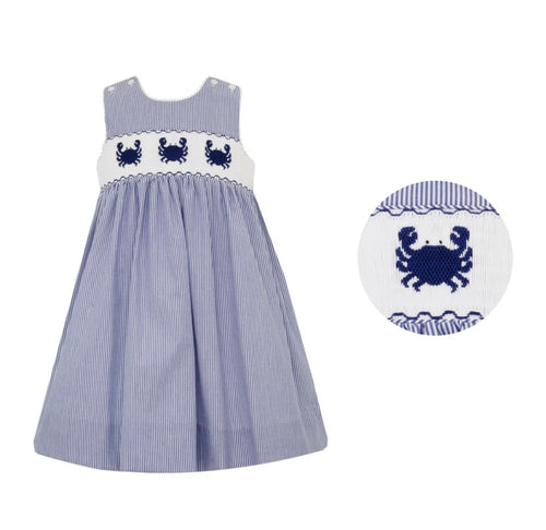 Anavini Hand Smocked Crabs Navy Blue Striped Sundress