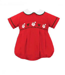 Boys Red Corduroy Hand Smocked Santa Bubble