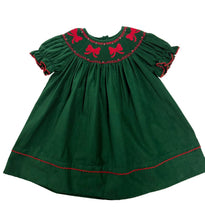 Load image into Gallery viewer, Green Corduroy Bishop Dress-Hand Smocked Christmas Red Bows