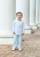 Load image into Gallery viewer, Striped Light Blue Shirt &amp; Light Blue Pants Set-Nativity Embroidery