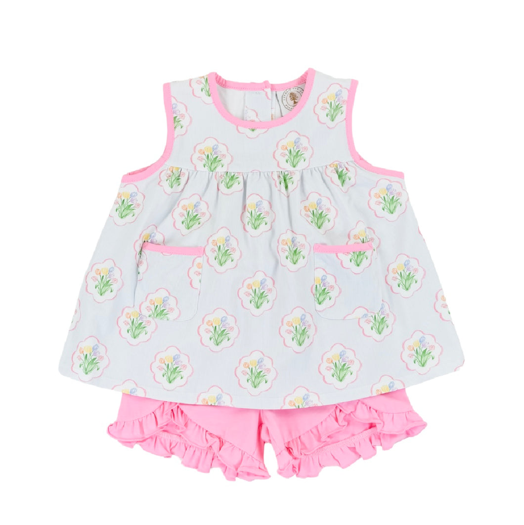 Santa Rosa Girls Top with Pocket & Pink Ruffled Shorts Set