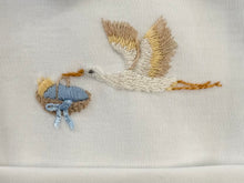 Load image into Gallery viewer, Blue Welcome Baby Hand Embroidered Stork Footie